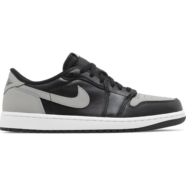 Black and grey Nike Air Jordan 1 Low OG Shadow sneaker with white midsole