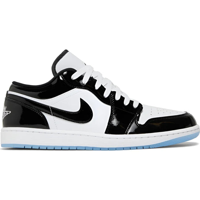 Black and white Nike Air Jordan 1 Low SE Concord with icy blue outsole, special edition Jordan