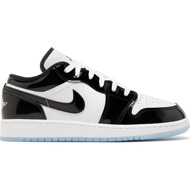 Black and white Nike Air Jordan 1 Low with icy blue outsole, inspired by original Air Jordan