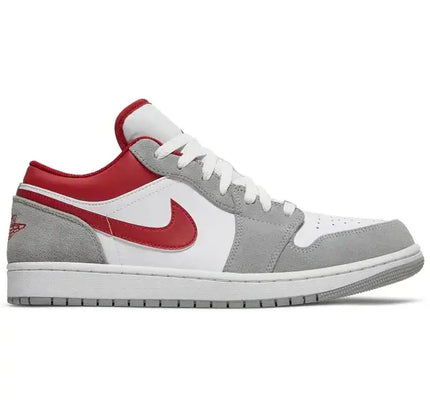 Gray, White, and Red Jordan 1 Low SE Light Smoke Grey Gym Red Athletic Shoe