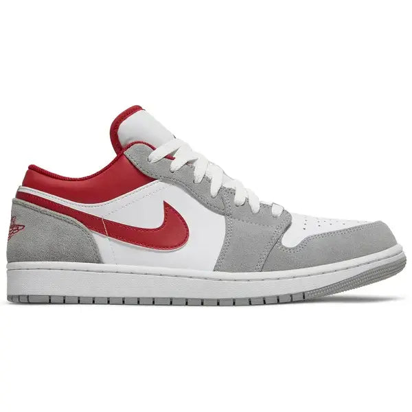 Gray, White, and Red Jordan 1 Low SE Light Smoke Grey Gym Red Athletic Shoe