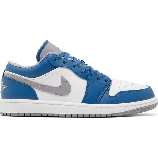 Blue, white, and cement grey Air Jordan 1 Low sneaker in True Blue colorway