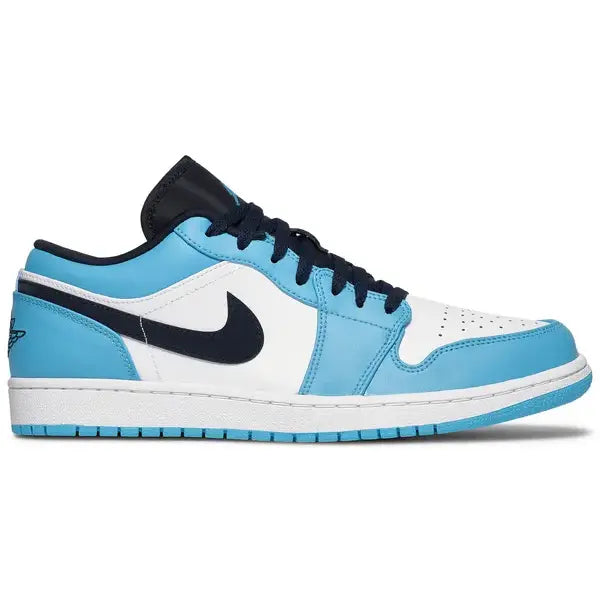 Light blue and white Air Jordan 1 Low UNC sneaker, perfect for stylish low dunks Nike