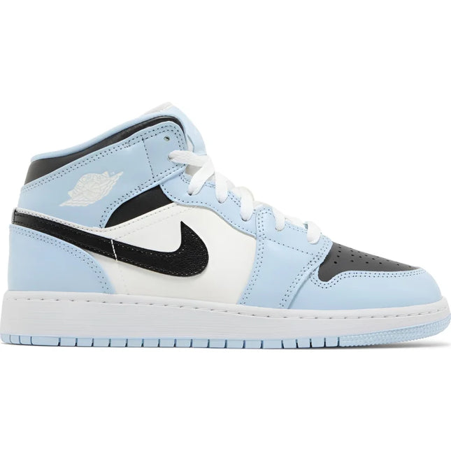 Light blue, white, and black Air Jordan 1 Mid in ice blue colorway for kids