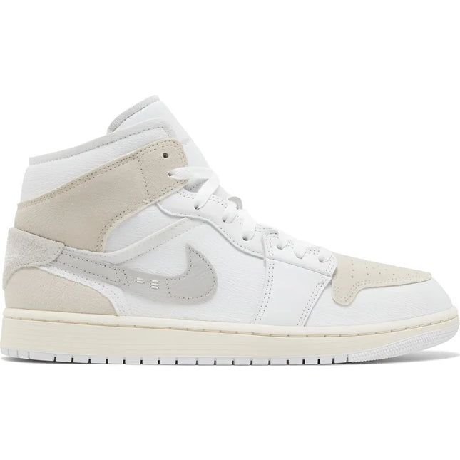 White and beige Air Jordan 1 Mid SE Craft Tech Grey sneaker with grey Nike swoosh