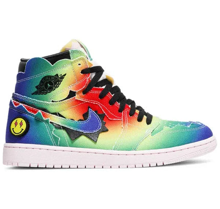 Rainbow-colored high-top sneaker from Jordan 1 Retro High J Balvin collection showcasing vibrant design