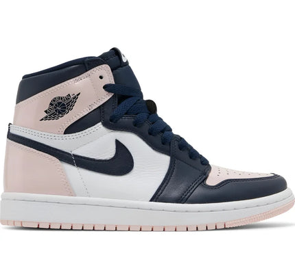 Air Jordan 1 High in navy blue, white, and pink with glossy finish for women’s Jordan style