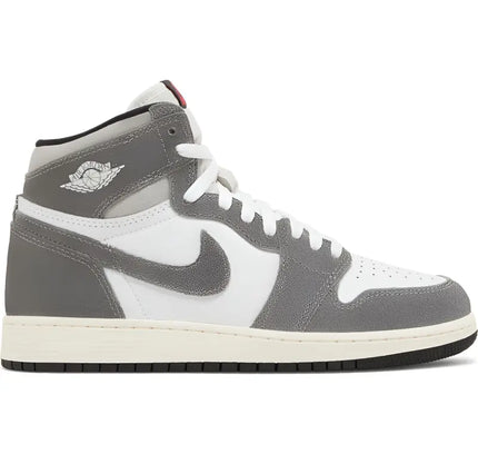 High-top Air Jordan 1 sneaker in grey and white, featuring a neutral two-tone colorway