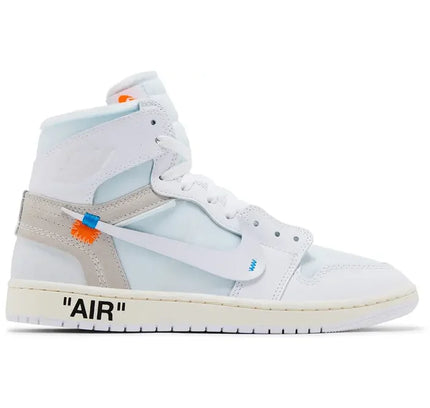 White jordan 1 retro high sneaker with light blue accents gray overlays and orange blue branding details