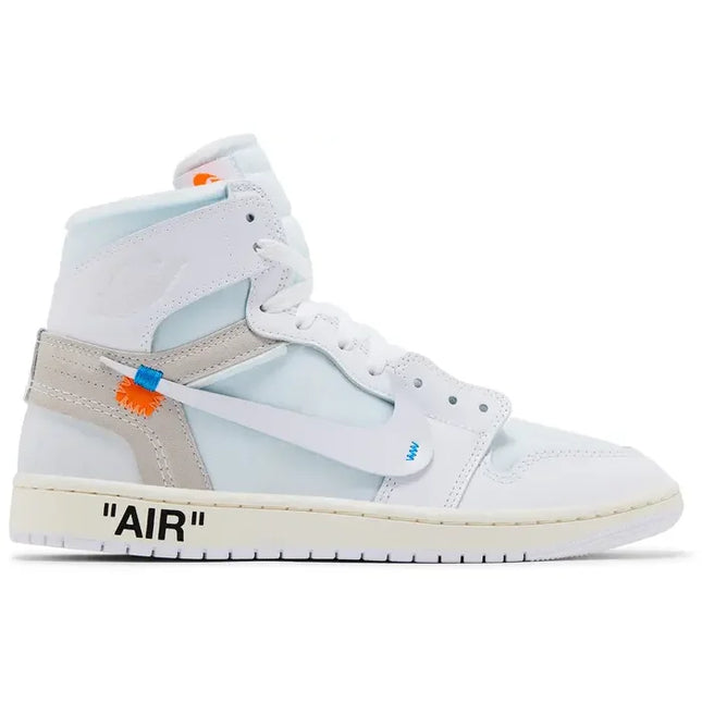 White jordan 1 retro high sneaker with light blue accents gray overlays and orange blue branding details