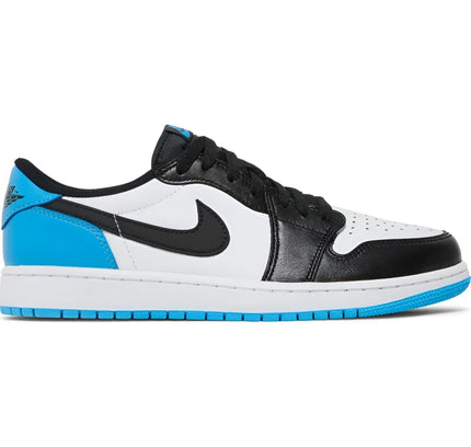 Nike Air Jordan 1 Low OG Black Dark Powder Blue sneaker in white, black, and blue colorway