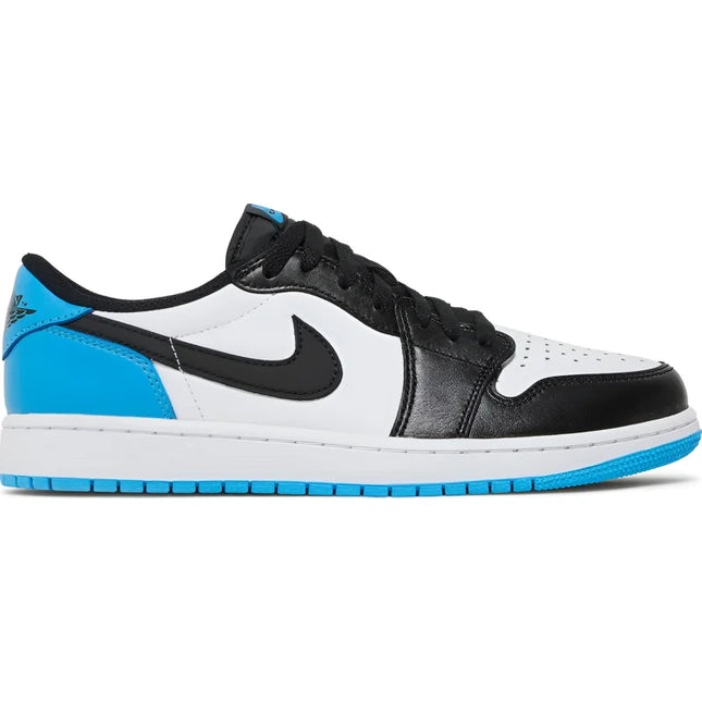 Nike Air Jordan 1 Low OG Black Dark Powder Blue sneaker in white, black, and blue colorway