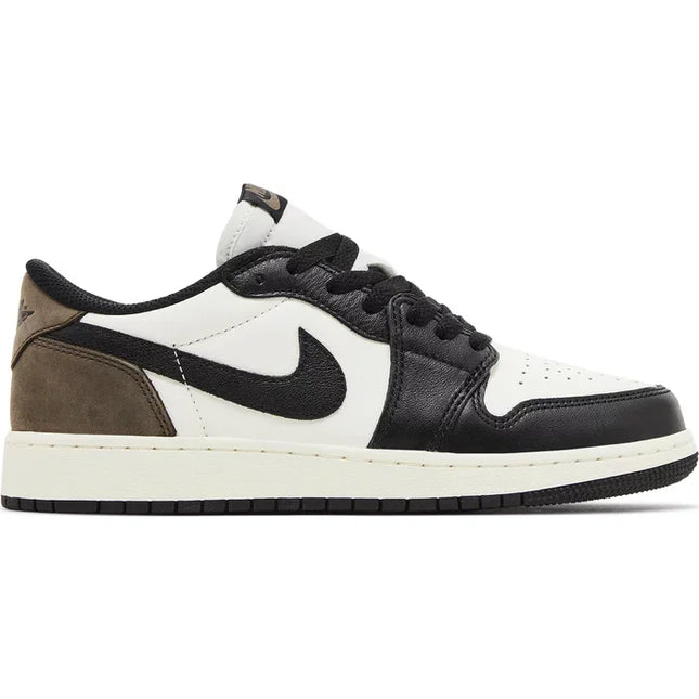 Nike Air Jordan 1 Retro Low OG Mocha sneaker showcasing color blocking in white, black, brown