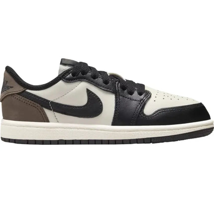 Nike Air Jordan 1 Low OG Mocha sneaker in white, black, and brown nubuck construction