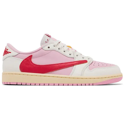 Jordan 1 Retro Low OG Travis Scott sail tropical pink sneakers with white leather upper and pink rubber sole
