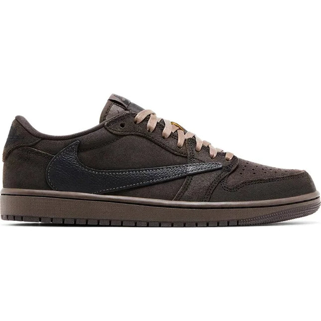 Brown and black low-top sneaker with laces featuring Travis Scott reverse swoosh design