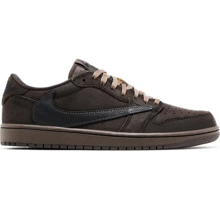 Brown and black low-top sneaker with laces featuring Travis Scott reverse swoosh design