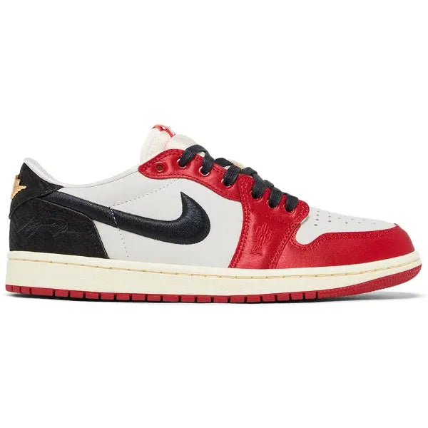 Air Jordan Trophy Room Low OG Trophy sneaker with red, white, black leather and red sole