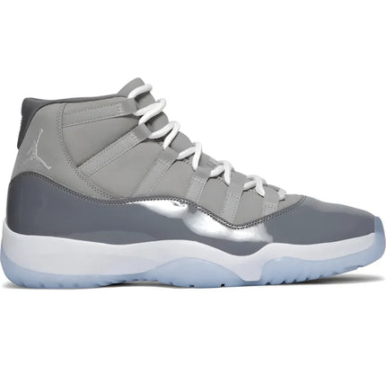Grey and silver Air Jordan 11 Retro Cool Grey sneaker with icy blue sole and white laces