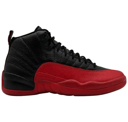 Air Jordan 12 Retro Flu Game 2025 basketball shoe in black and red, Nike Dunk style