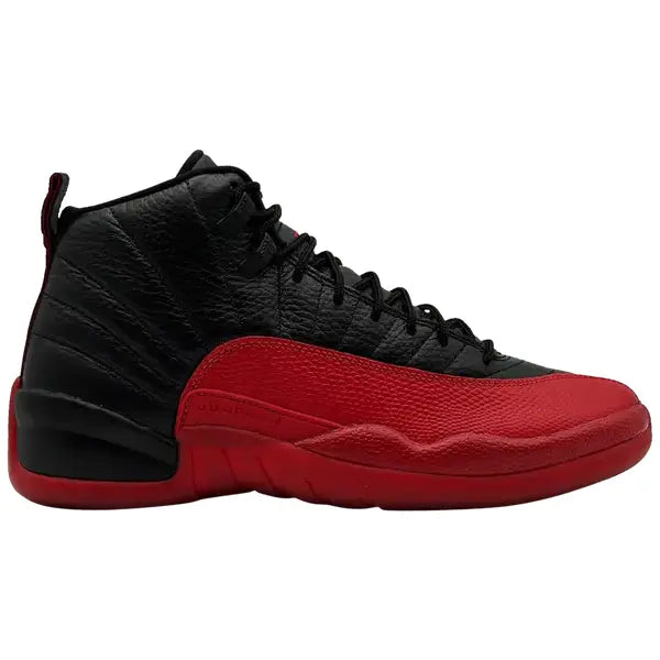 Air Jordan 12 Retro Flu Game 2025 basketball shoe in black and red, Nike Dunk style