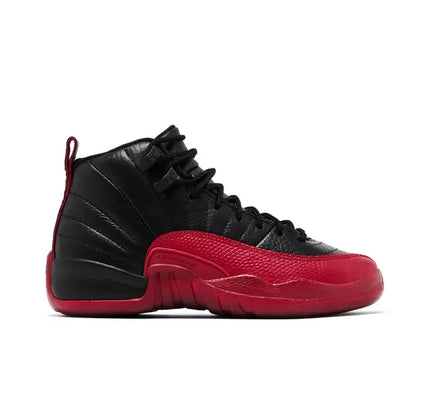 Black and red Jordan 12 Retro Flu Game (2025) sneaker, ideal for Nike Dunk enthusiasts