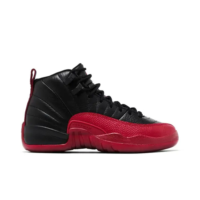 Black and red Jordan 12 Retro Flu Game (2025) sneaker, ideal for Nike Dunk enthusiasts