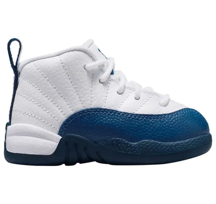 White and blue toddler Air Jordan 12 shoe in French Blue color for Nike Dunk fans