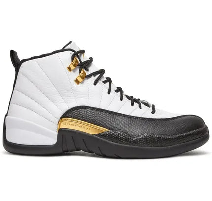 White and black Air Jordan 12 Royalty Taxi sneaker with toe wrap detail