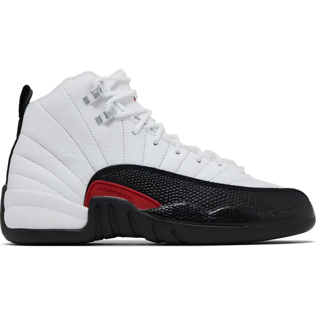 White, black and red Air Jordan 12 Retro Taxi Flip with radiating stitched lines