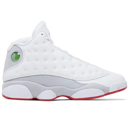 White and gray high-top sneaker, Jordan 13 Retro Wolf Grey, perfect for stylish Nike wear