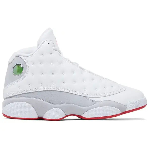 White and gray high-top sneaker, Jordan 13 Retro Wolf Grey, perfect for stylish Nike wear