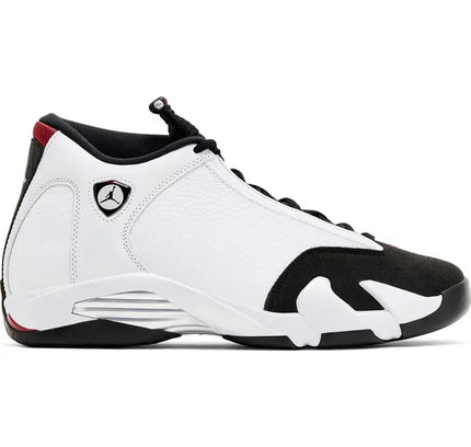 White and black Air Jordan 14 Retro Black Toe with red accents for style and performance