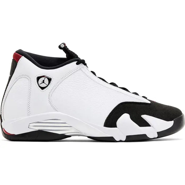 White and black Air Jordan 14 Retro Black Toe with red accents for style and performance