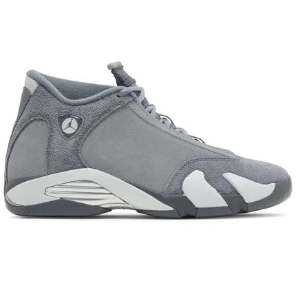 Gray suede and leather Jordan 14 Retro Flint Grey sneaker for stylish athletic wear