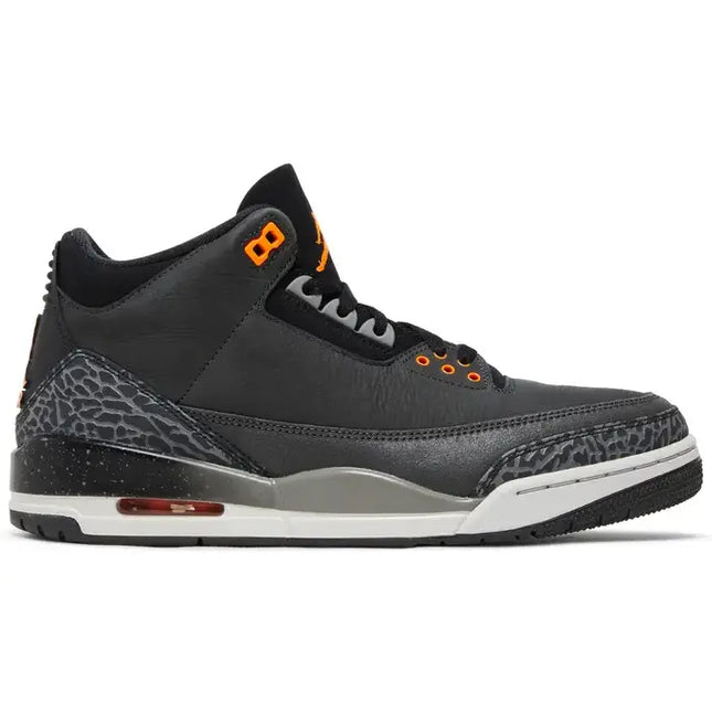 Black and grey Air Jordan 3 Retro Fear 2023 sneaker with orange accents and elephant print