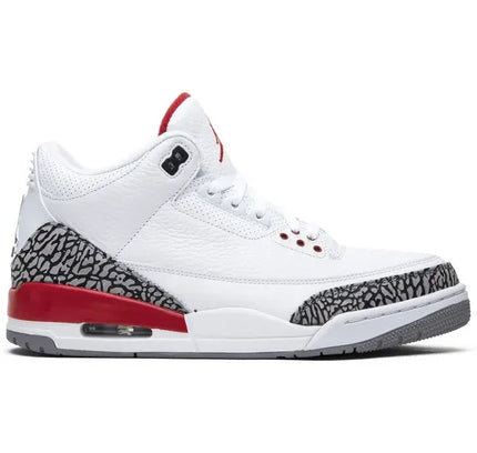 White leather Air Jordan 3 Retro Hall of Fame with red accents and elephant print overlays