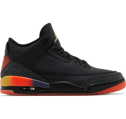 Black Air Jordan 3 sneaker with orange and purple gradient accents, J Balvin Rio model