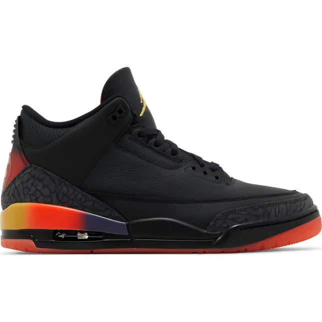 Black Air Jordan 3 sneaker with orange and purple gradient accents, J Balvin Rio model