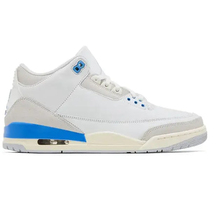 White and blue Air Jordan 3 sneaker with Jordan 3 Retro Lucky Shorts style