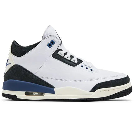 White, black, and navy blue Air Jordan 3 sneaker in Jordan 3 Retro OG SP A Ma Maniére Diffused Blue