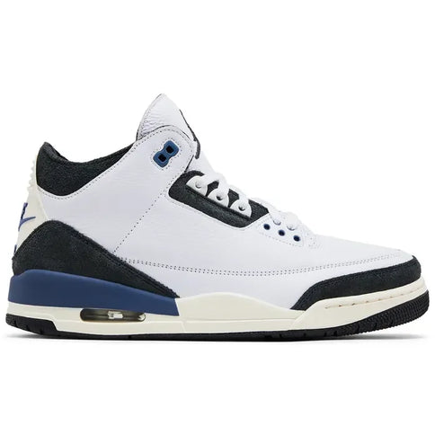 White, black, and navy blue Air Jordan 3 sneaker in Jordan 3 Retro OG SP A Ma Maniére Diffused Blue