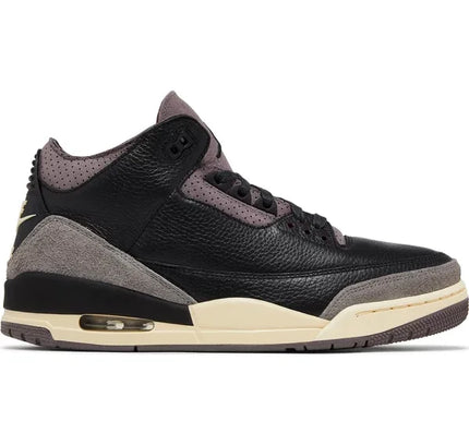 Black and grey Air Jordan 3 sneaker with cream midsole, featuring grey hairy suede for women’s style