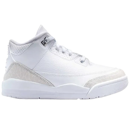 White leather high-top sneaker from Nike Dunk Pure Money collection featuring Jordan 3 Retro design
