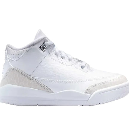 White leather high-top sneaker from Nike Dunk Pure Money collection featuring Jordan 3 Retro design