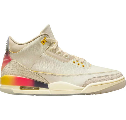 Off-white Air Jordan 3 sneaker in Medellín Sunset tropical colorway with vibrant accents
