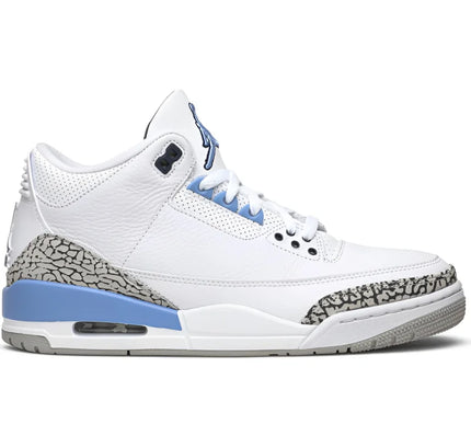 White Air Jordan 3 Retro UNC (2020) sneaker with blue and grey accents inspired by Michael Jordan’s alma mater