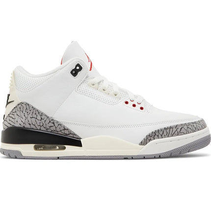 White and grey Air Jordan 3 sneaker with black cement print, Retro White Cement Reimagined