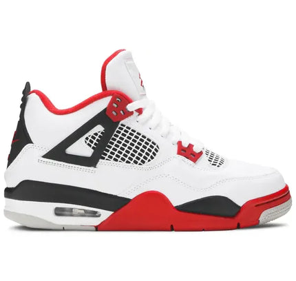 White, red, and black Jordan 4 Retro Fire Red sneaker with mesh panels and air unit
