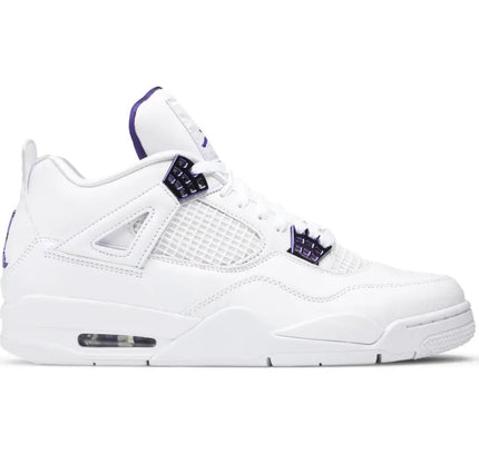 White Air Jordan 4 sneaker with purple accents from the Retro Purple Metallic collection